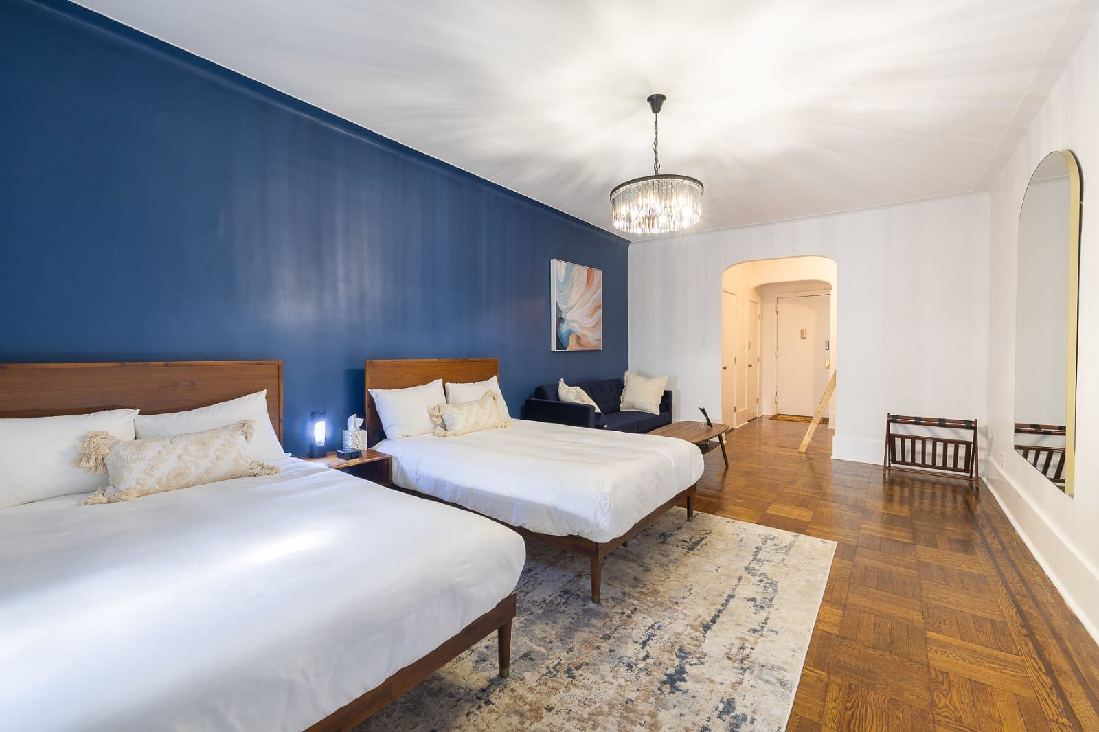 Bedroom renovation with blue accent wall